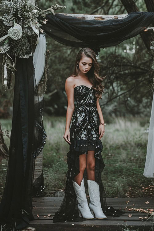 A woman wears black bridesmaids dress with white cowboy boots