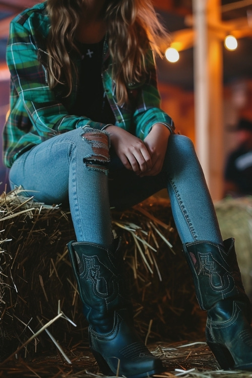 A woman wears black cowboy boots, ripped blue jeans, and a green plaid shirt