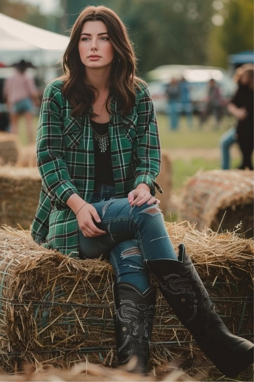 A woman wears black cowboy boots, ripped jeans, a black top and a plaid shirt