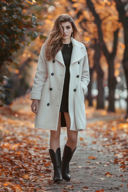 A woman wears black cowboy boots with a black dress and a long wool white coat