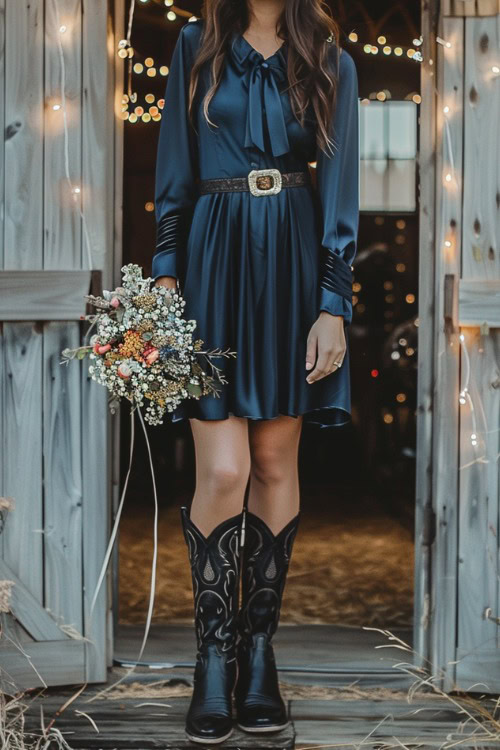 A woman wears black cowboy boots with a blue satin dress