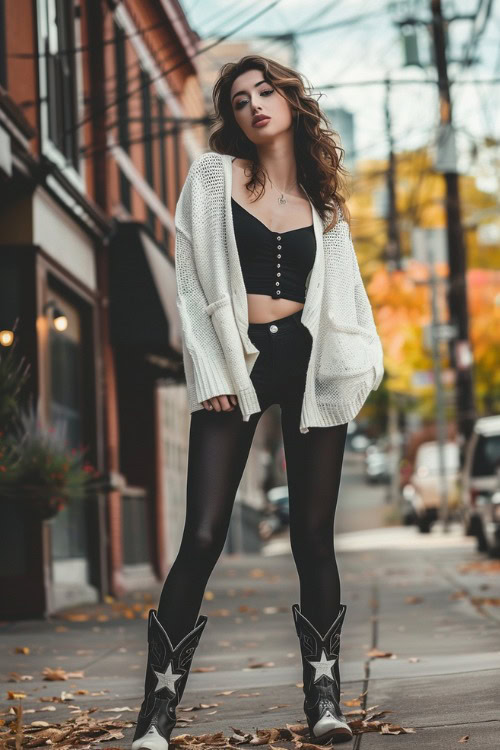 A woman wears black cowboy boots with leggings, cardigan and a crop-top