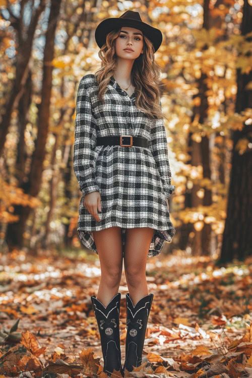 A woman wears black cowboy boots with plaid dress and a belt