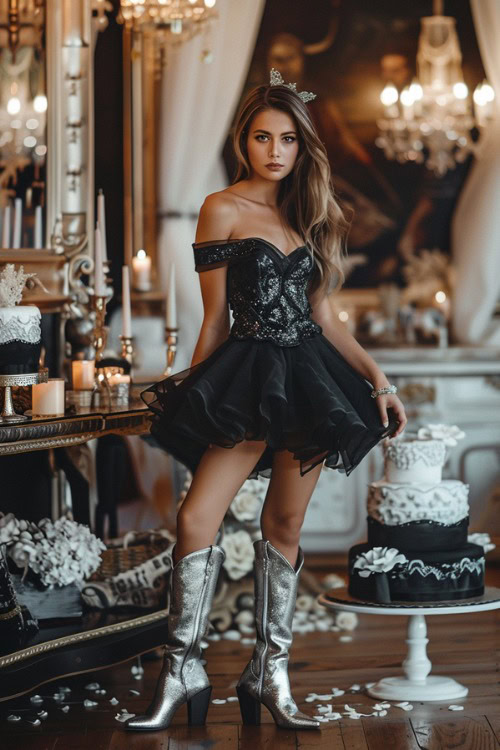 A woman wears black short ruffle bridesmaids dress with silver cowboy boots