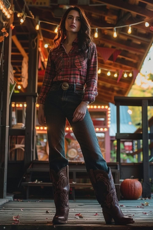 A woman wears blue jeans, brown cowboy boots and a brown flannel shirt