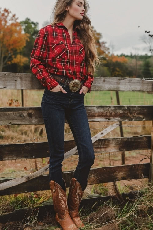 A woman wears brown cowboy boots, blue jeans, a belt and a red plaid shirt