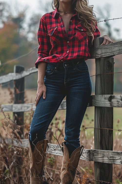 A woman wears brown cowboy boots, blue jeans and a red plaid shirt