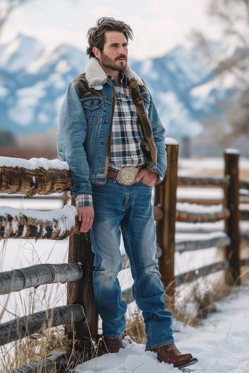 A woman wears brown cowboy boots, jeans, a belt, plaid shirt, and fur denim jacket