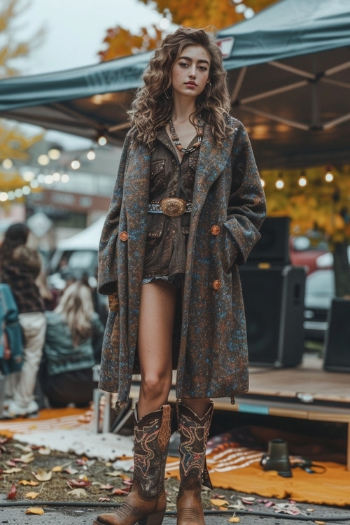 A woman wears brown cowboy boots with a chunky sweater and a short dress with a belt