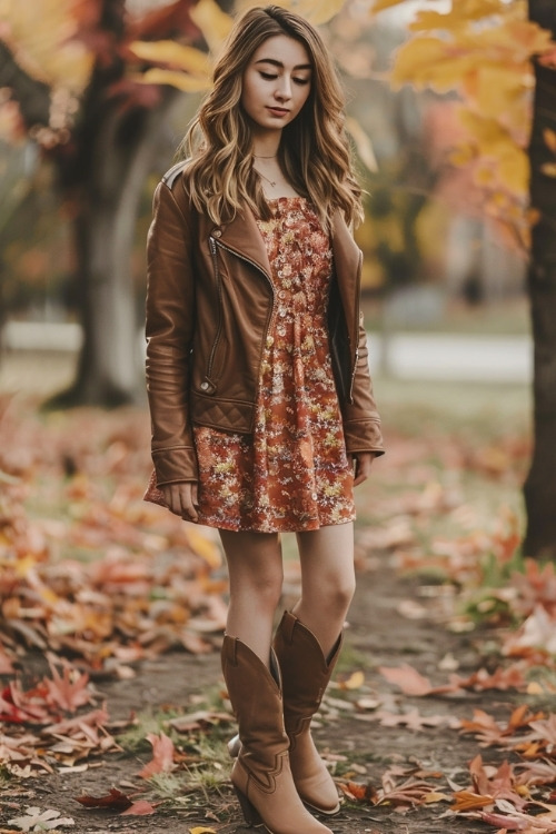 A woman wears brown cowboy boots with a floral dress and a brown jacket