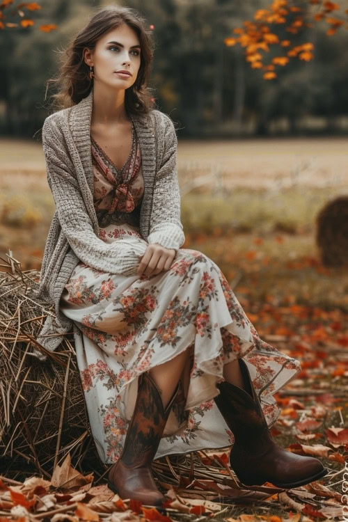 A woman wears brown cowboy boots with a floral dress and a chunky cardigan (2)