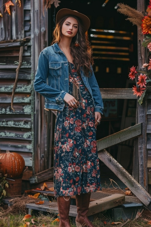 A woman wears brown cowboy boots with a floral dress and a denim jacket