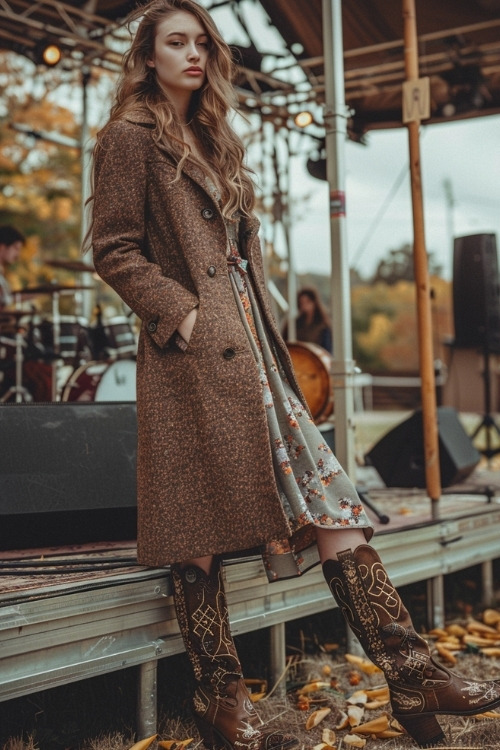 A woman wears brown cowboy boots with a floral dress and a long coat