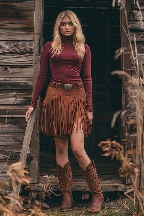 A woman wears brown cowboy boots with a fringe skirt, a fitted turtleneck