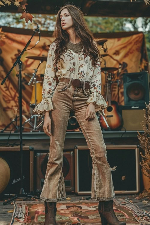 A woman wears brown cowboy boots with jeans and a floral blouse