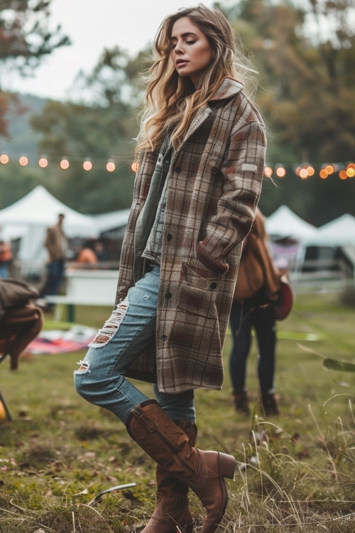 A woman wears brown cowboy boots with jeans and a long plaid cardigan