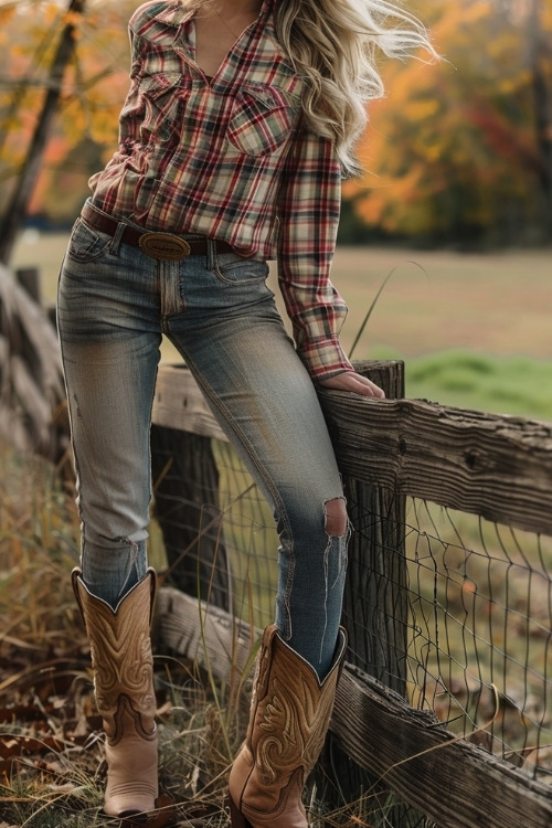 A woman wears brown cowboy boots with jeans and a flannel shirt