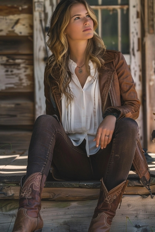 A woman wears brown cowboy boots with jeans, blouse and a leather jacket (2)