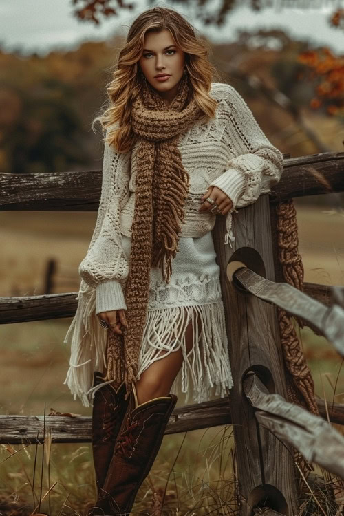 A woman wears cowboy boots with a chunky sweater and a chunky brown scarf