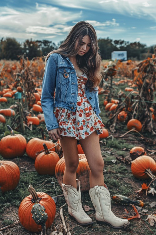 A woman wears cream cowboy boots with a floral dress and a denim jacket