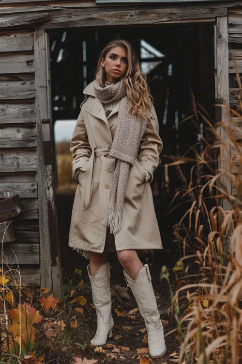 A woman wears cream cowboy boots with a long coat and a long scarf