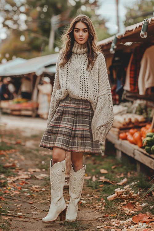 A woman wears cream cowboy boots with a plaid skirt and a chunky sweater