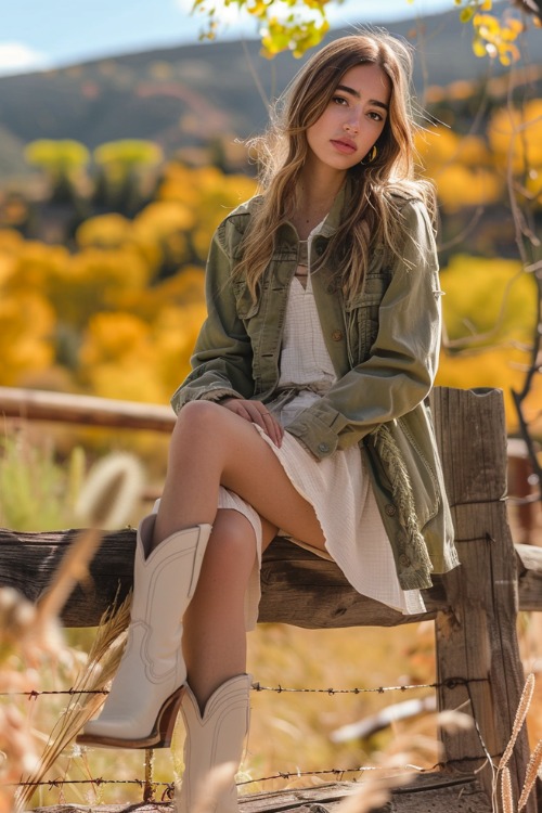 A woman wears cream cowboy boots with a white dress and a green coat