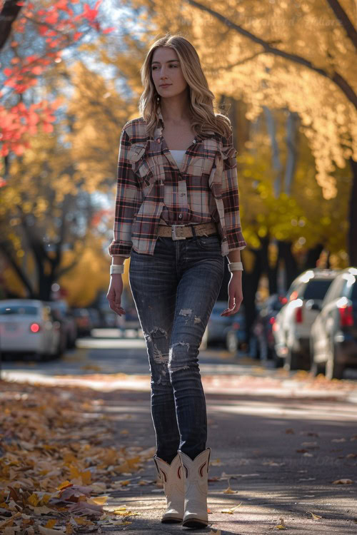 A woman wears cream cowboy boots with jeans and a flannel shirt