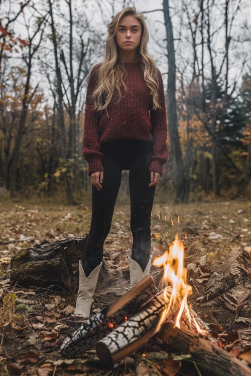 A woman wears cream cowboy boots with jeans and a red sweater