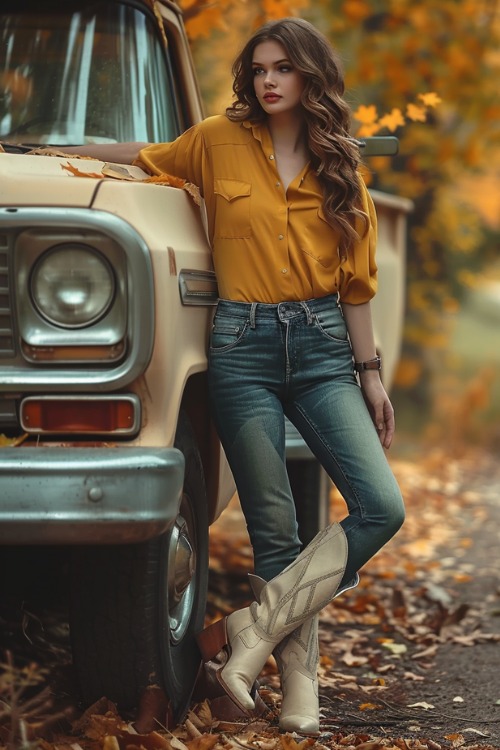 A woman wears cream cowboy boots with jeans and mustard shirt