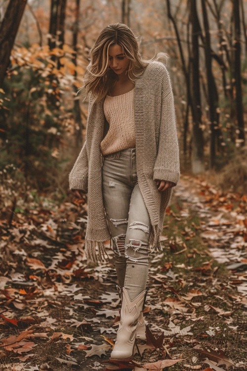 A woman wears cream cowboy boots with ripped jeans, a sweater and a long cardigan