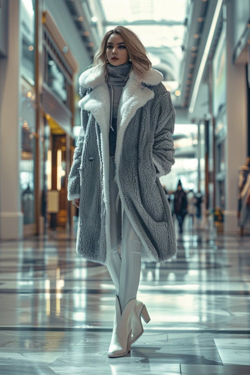 A woman wears gray fur coat, turtleneck, white pants, with white ankle cowboy boots