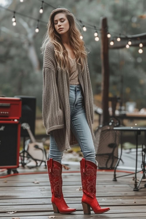 A woman wears jeans with red cowboy boots and a cardigan