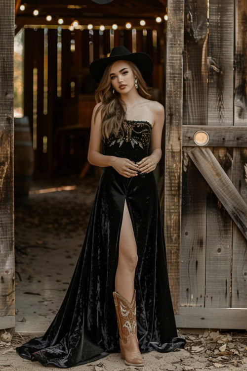 A woman wears long black bridesmaids dress with a high slit and brown cowboy boots