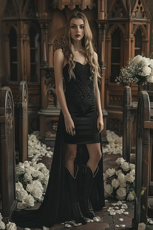 A woman wears long black bridesmaids dress with black cowboy boots