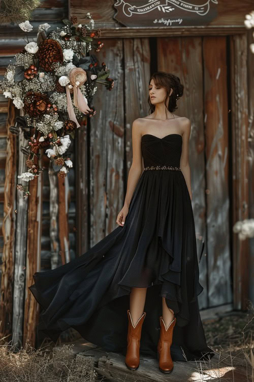 A woman wears long off-shoulder black bridesmaids dress with brown cowboy boots