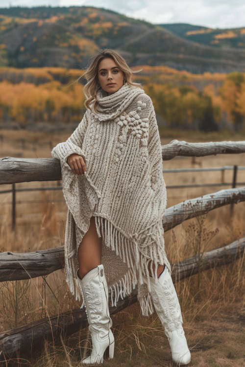 A woman wears off-white cowboy boots and a chunky off-white sweater