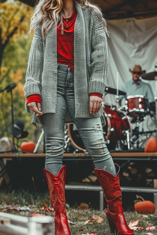 A woman wears red cowboy boots with jeans, red shirt and a cardigan