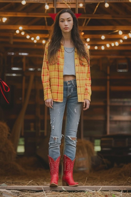 A woman wears red cowboy boots with jeans, red shirt and a flannels shirt