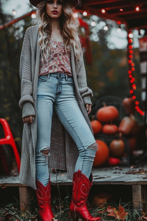 A woman wears red cowboy boots with jeans, red shirt and a long cardigan