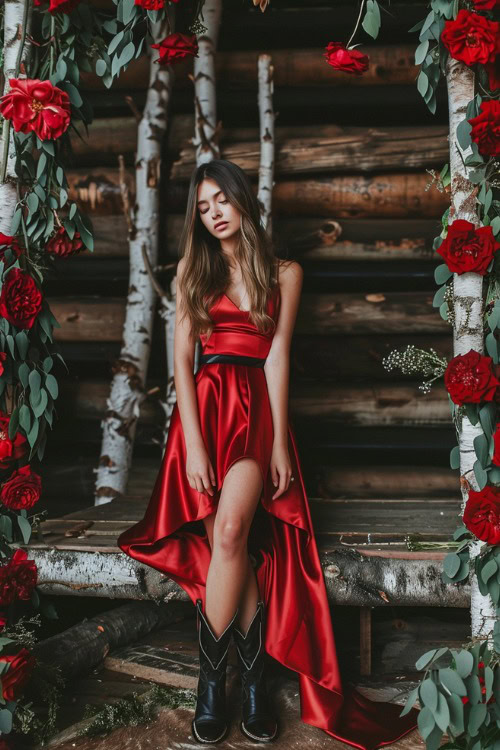 A woman wears red satin bridesmaids dress with black cowboy boots