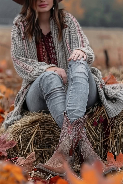 A woman wears ripped jeans, a hat, colored cowboy boots and cardigan