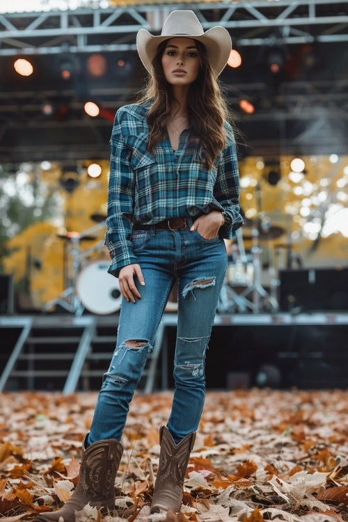 A woman wears ripped jeans, brown cowboy boots, a hat and a plaid shirt