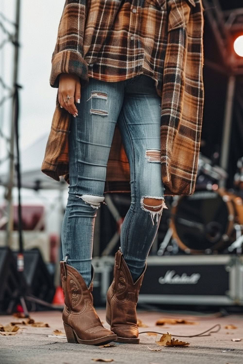 A woman wears ripped jeans, brown cowboy boots and a brown flannel shirt