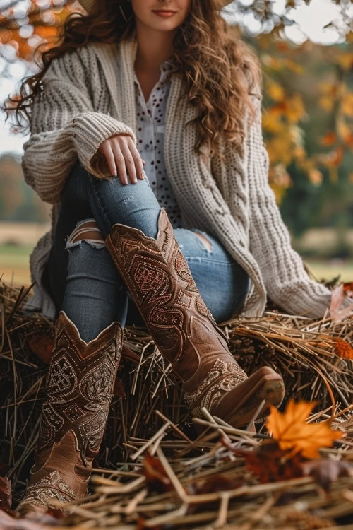 A woman wears ripped jeans, brown cowboy boots and cardigan