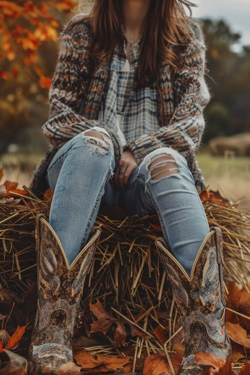 A woman wears ripped jeans, decorative cowboy boots, a plaid blouse and a cardigan