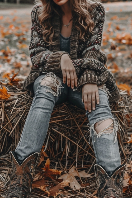 A woman wears ripped jeans, decorative cowboy boots, a shirt and a cardigan