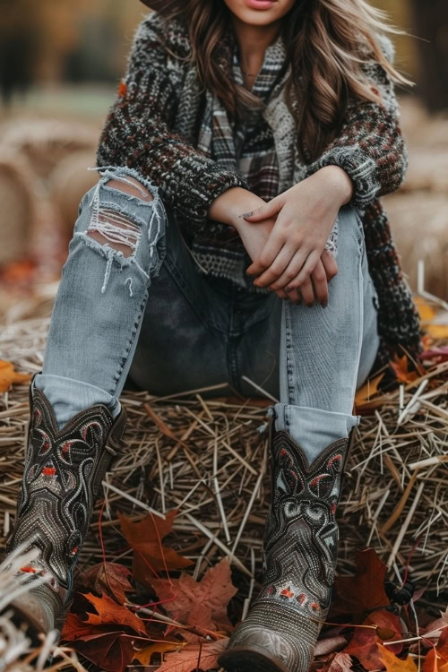 A woman wears ripped jeans, decorative cowboy boots and a cardigan