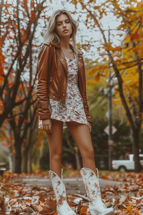 A woman wears ripped jeans, floral white cowboy boots, a floral white dress and a brown leather jacket