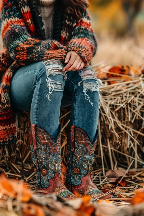 A woman wears ripped jeans with colored cowboy boots and cardigan